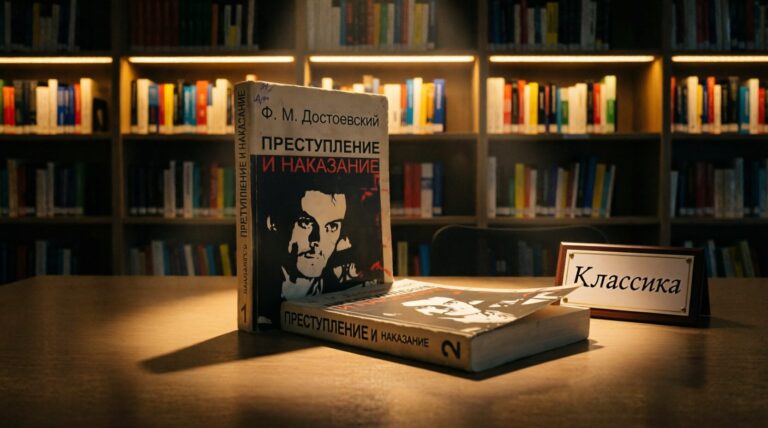 Двухтомник Фёдора Михайловича Достоевского "Преступление и наказание" лежит на столе в драматическом свете на фоне библиотечных полок