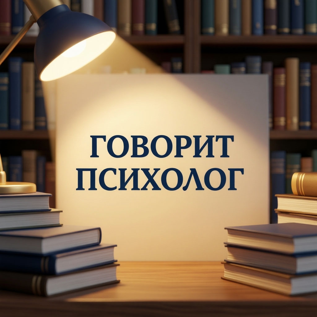 Надпись на бумаге - Говорит психолог. Бумагу с надписью освещает настольная лампа мягким оранжевым светом, по бокам стопки книг, на заднем фоне стеллажи с книгами в полумраке.