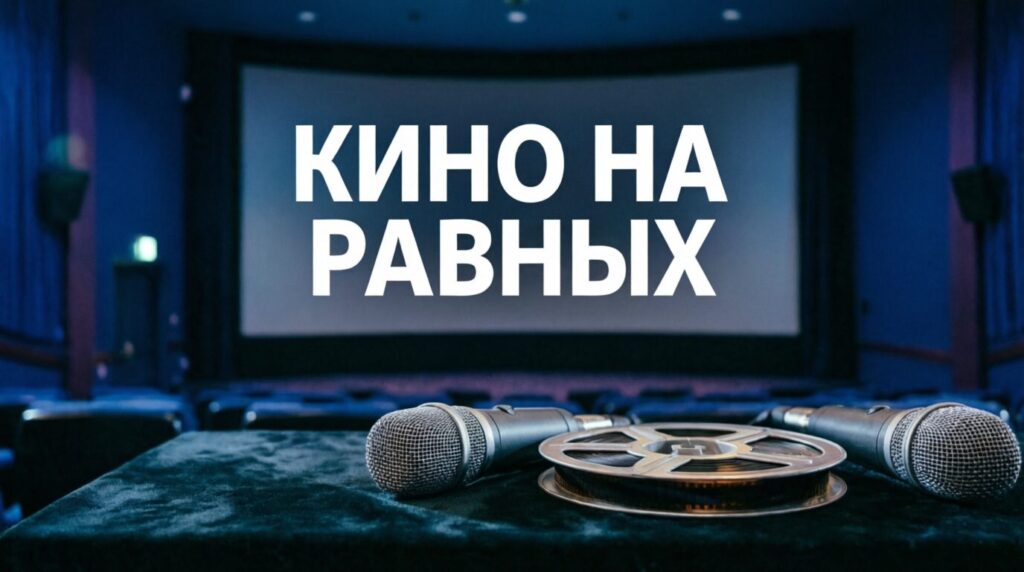 Кинозал с экраном, на экране надпись "Кино на равных", на переднем плане столик с двумя микрофонами и бобиной с пленкой фильма.